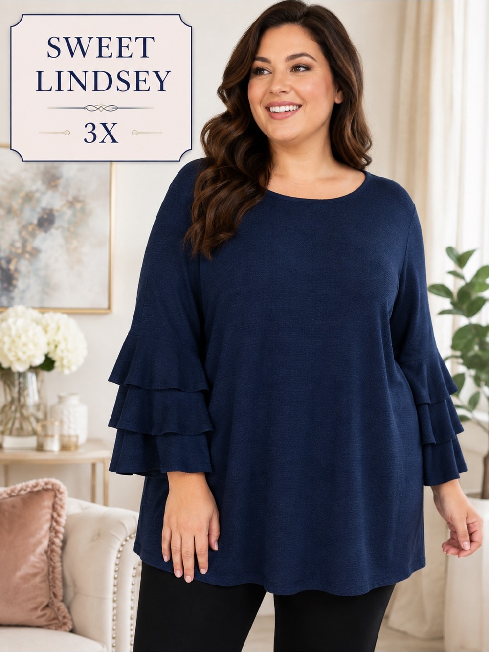 Sweet Lindsey 3X Navy Textured Tunic Tiered Ruffle Sleeve Plus Size Top